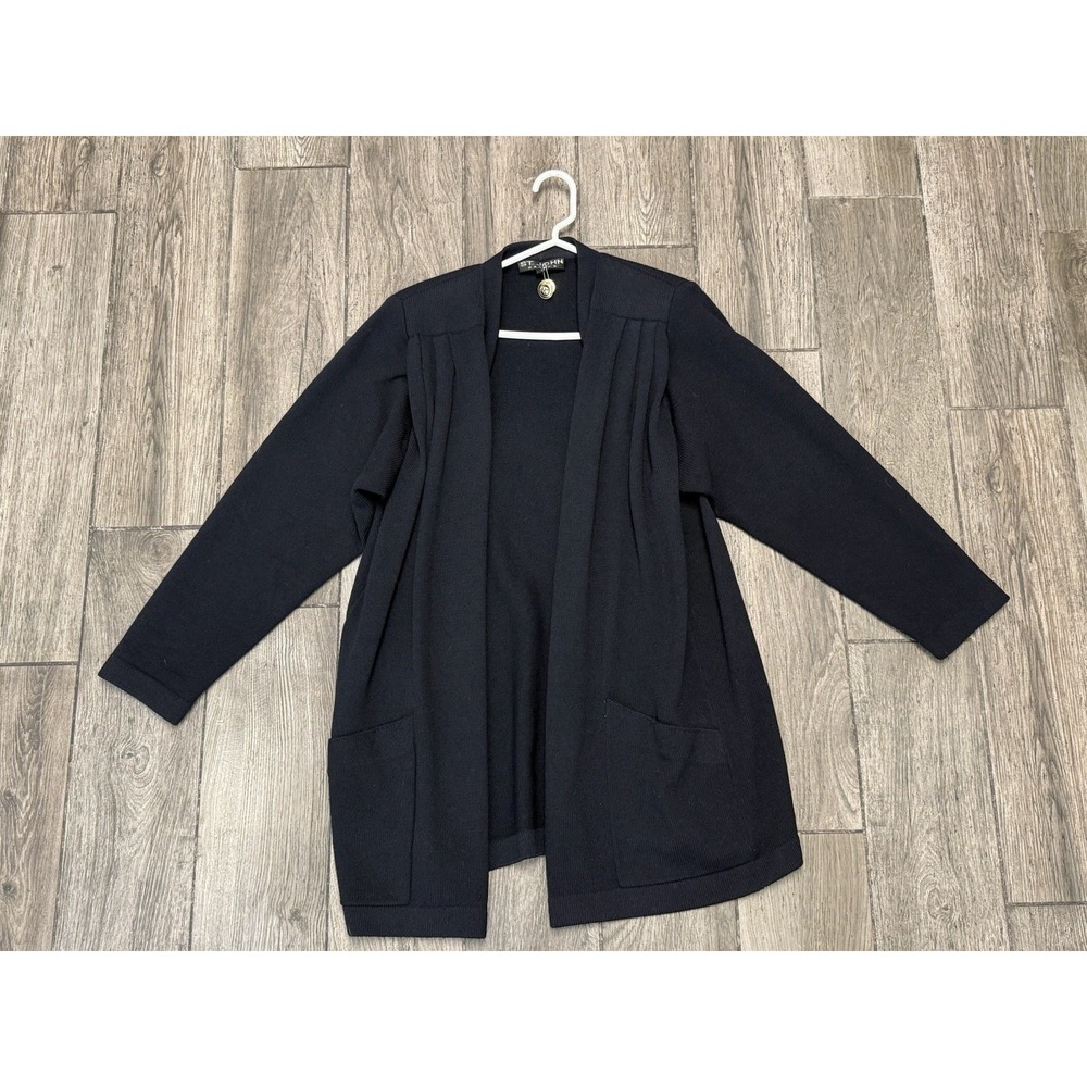 St. John Basics Sweater Womens S Open Front Santana Knit Cardigan Black Vtg Pad
